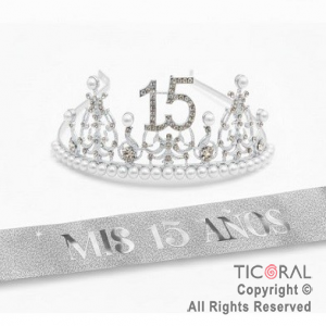 SET VINCHA Y BANDA MIS 15 A�OS PERLAS Y STRASS PLATA (10548G) X 1